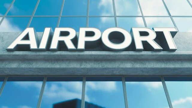 A slow pan across generic signage above the entrance to a modern generic airport building made of exposed concrete and reflective glass in the day time