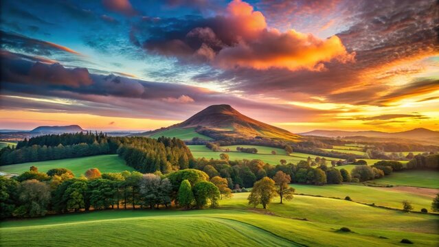 A serene landscape at dusk with a glowing sky over Eildon Hills