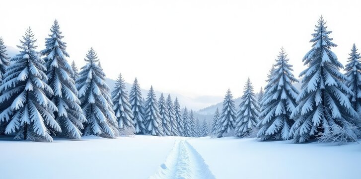 Snowy forest in isolation on white background, forest, calm, isolation