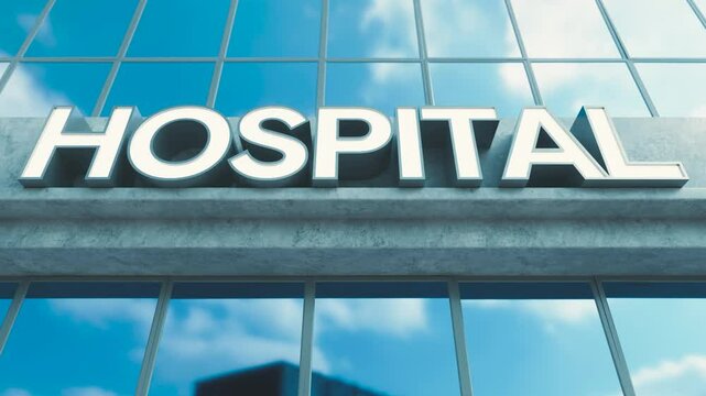 A slow pan across generic signage above the entrance to a modern generic hospital building made of exposed concrete and reflective glass in the day time