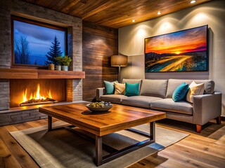 Night Photography Minimalist Living Room - Rustic Barn Wood Coffee Table, Fireplace, Modern Interior Design