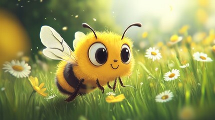 Cute bee in a meadow with flowers.