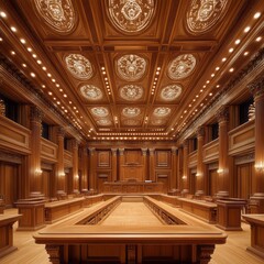 Obraz premium Ornate wooden courtroom interior with intricate ceiling design.