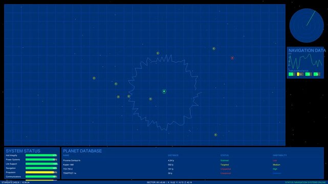 A spacecraft control interface featuring a deep blue starfield main display with green data readouts at the bottom, resembling a sci-fi cockpit or mission control heads-up display.