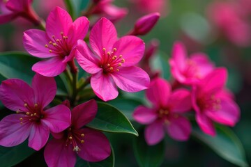 Vibrant fuchsia blossoms, intricate leafy details, lush, pretty, illustration