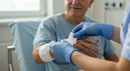 Obraz premium Nurse carefully bandages elderly patient's injured wrist, providing medical care and support in a hospital setting, focusing on healthcare and recovery.
