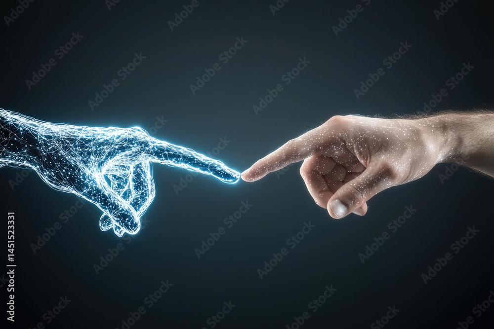Poster â€œside view of human hand reaching out to touch glowing digital hand, symbolizing connection betwee