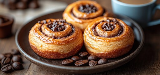 Fototapeta premium Delicious Chocolate Swirl Pastry with Coffee Beans