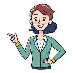 Business woman pointing finger at something. Happy face. Hand drawn style vector design illustrations. 