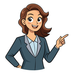 Business woman pointing finger at something. Happy face. Hand drawn style vector design illustrations. 