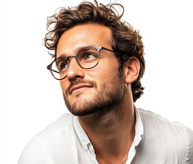 Close-up of a man wearing glasses on a white background, a man wearing glasses looks up