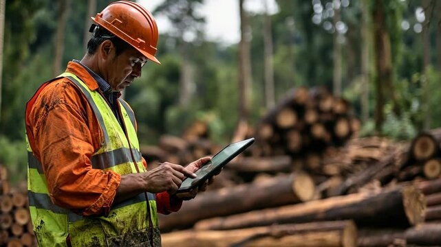 Construction worker in forest inspecting timber using digital tablet for logging management