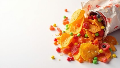 Pile of colorful candy, chips, and soda on white background, candy, temptation