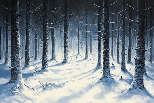 Snow-covered forest path  Shadows fall among dark pines