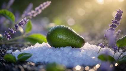 Avocado resting on salt with purple flowers and soft sunlight