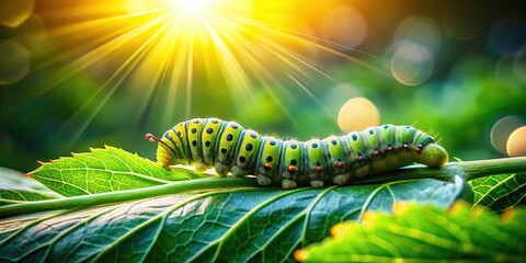 Obraz premium Panoramic View: Caterpillar on Leaf - Stunning Nature Macro Photography