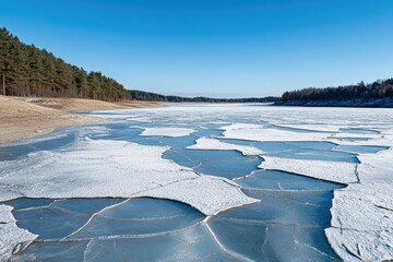 Obraz premium Frozen lake, cracked ice surface, sunny winter day, trees on shore