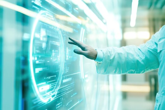 Futuristic interface, scientist interacts with holographic display
