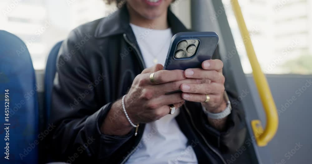 Poster bus, hands and travel with mobile for chat, online map and typing message for contact. connection, p