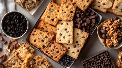 Assorted cookies and snacks on table