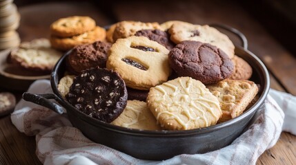 Assorted cookies in bowl on wooden table