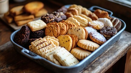 Assorted cookies in tray, cafe background,  delicious bakery treats, food photography