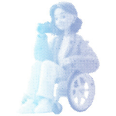 A woman sitting in a wheelchair is taking a photo cartoon retro halftone modern
