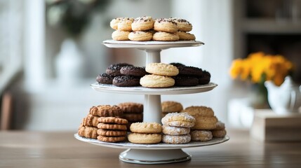 Assorted cookies on tiered server, kitchen setting, home baking, food photography