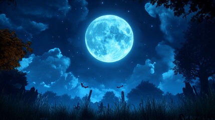 Mystical night scene with a large, vibrant blue moon