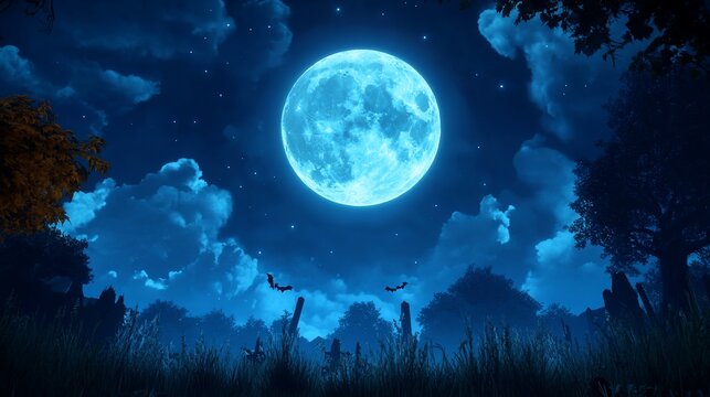 Mystical night scene with a large, vibrant blue moon