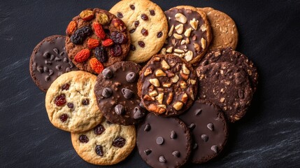 Assorted gourmet cookies on dark surface