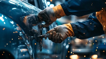 Auto body repair, worker welding, sparks flying, factory background, industrial imagery
