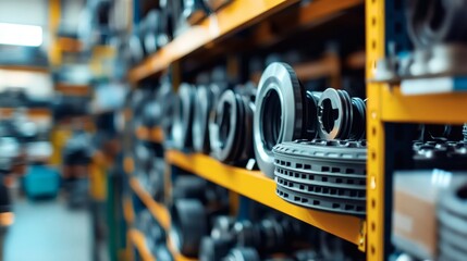 Auto parts warehouse shelves, inventory management, industrial storage, background blurred