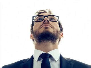 Close-up of a man wearing glasses on a white background, a man wearing glasses looks up