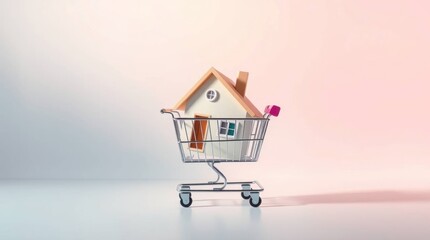 Miniature house nestled within a shopping cart