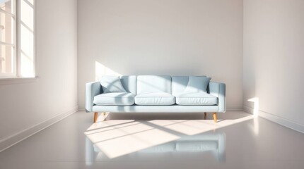 Minimalist blue couch bathed in sunlight
