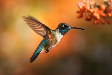 Fototapeta premium A hummingbird in flight with wings spread near orange flowers in a blurred background scene