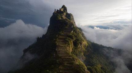 A Majestic Mountaintop Temple Enveloped in Clouds