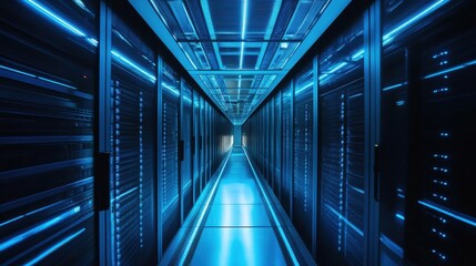 Fototapeta premium A 4K photo of highly illuminated data center with symmetrical rows of blue-lit servers and visible ceiling cabling, ideal for visualizing cloud architecture, IT scalability.