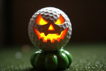 golf ball designed with a carved jack-o'-lantern face, placed atop a green artificial pumpkin-shaped stand, Halloween theme