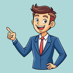 Business man pointing finger at something. Happy face. Hand drawn style vector design illustrations. 