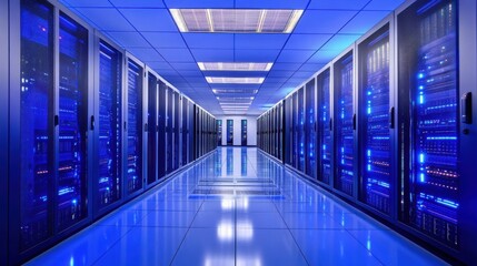 Fototapeta premium A 4K photo of high-tech server room with blue LED lighting reflecting on the floor, showcasing advanced digital infrastructure. Perfect for cloud computing, cybersecurity.
