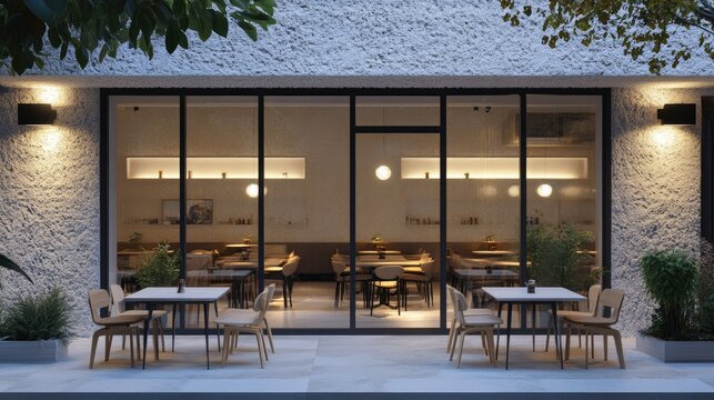Contemporary minimalist cafe with white stone wall, wide glass frontage, and soft lighting enhancing its clean aesthetic