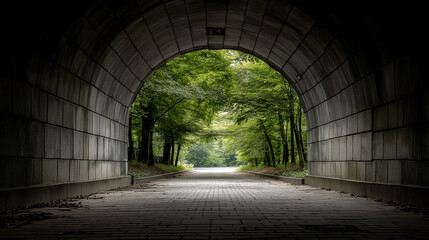 Obraz premium Stone tunnel pathway leads to a vibrant green forest sunlight illuminating the path ahead offering a tranquil escape and