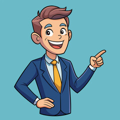 Business man pointing finger at something. Happy face. Hand drawn style vector design illustrations. 