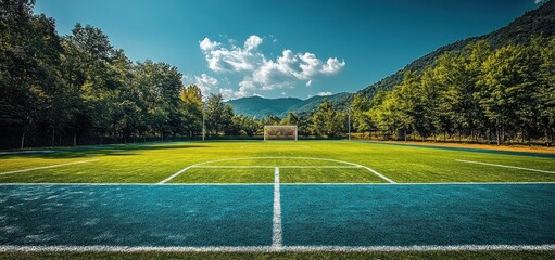 Obraz premium Serene Soccer Field nestled in Mountains