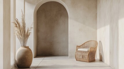 Fototapeta premium Quiet hallway scene in a muted color palette with curving architectural lines and a rattan accent chair