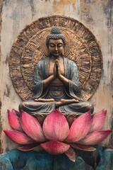Buddha in Serenity: An evocative close-up presents a serene Buddha figure, seated gracefully atop a blooming lotus flower.