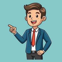 Business man pointing finger at something. Happy face. Hand drawn style vector design illustrations. 