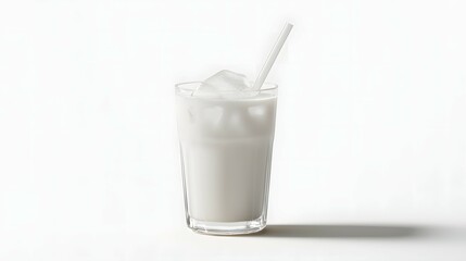 Photorealistic photograph of iced vanilla milk in a glass with a straw, against a white background